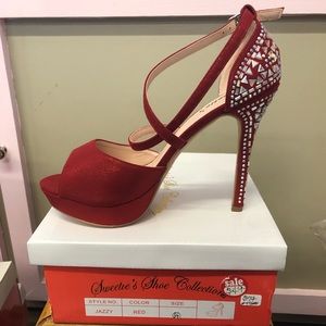 The “Jazzy” Red shoe by Sweeties Shoes size 7 with rhineston…